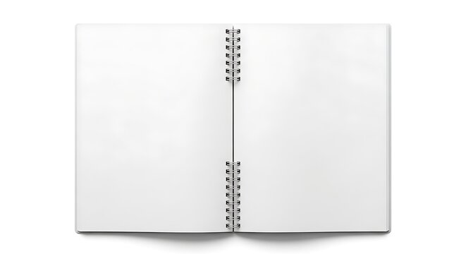 Open spiral bound notebook with blank white pages isolated on a clean white background for mockups and writing