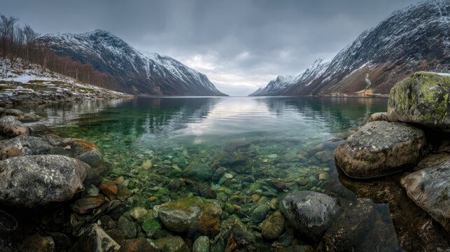 Scandinavian fjords with narrow norwegian fjord lichen covered stones snowy nordic winter
