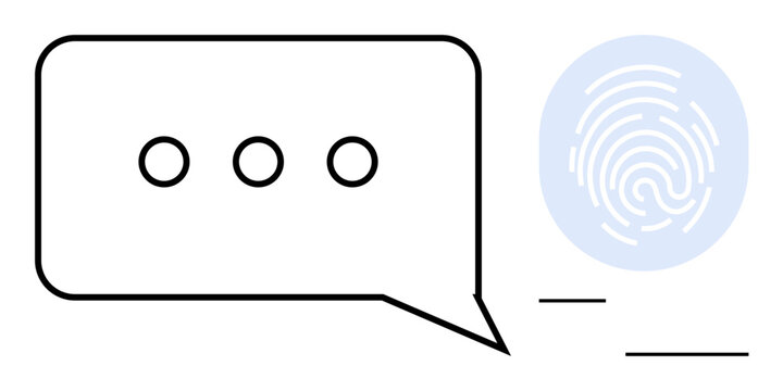 Cybersecurity, online authentication, encrypted communication, digital identity, secure messaging, privacy protection. Minimalist chat bubble alongside fingerprint graphic. Cybersecurity and online
