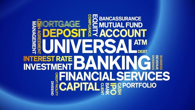 Universal Banking animated word cloud-text design animation tag kinetic typography seamless loop.