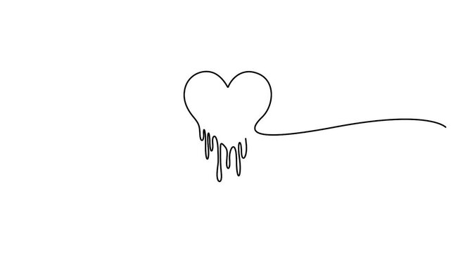 Animated minimalist, single-line art drawing of a heart with a melting or dripping effect, concepts for digital graphic, tattoo design, or stock vector icon