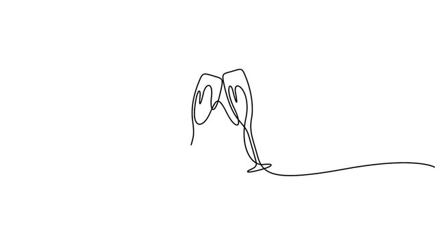 Self animated minimalist continuous line drawing of two champagne glasses clinking together in a toast