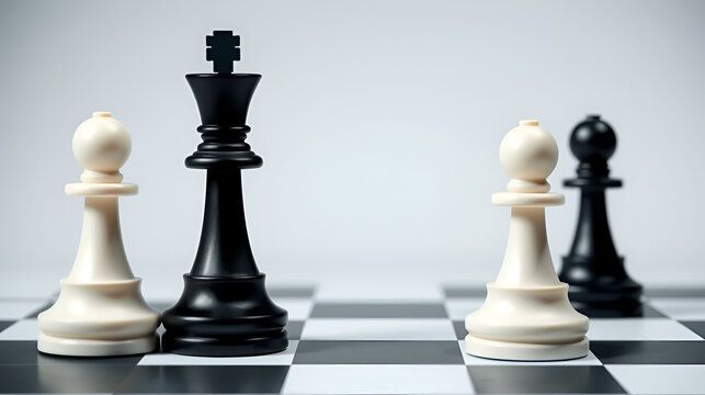A contrasting depiction of two chess pieces one white and one black highlighting their forms in a minimalist silhouette high quality