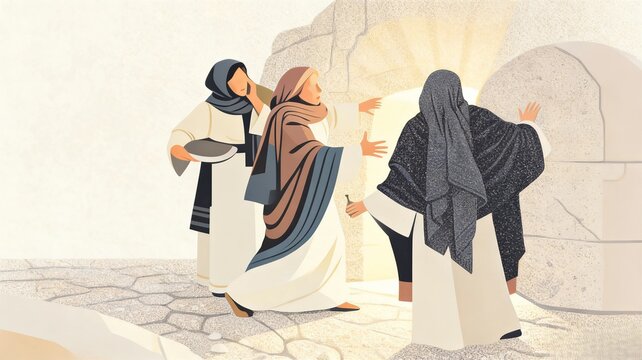 Nominandus_HolyWeek_Mary Magdalene, Mary the mother of James (and Joses), Salome, Joanna, outside Jesus tomb on Easter Sunday Morning_DarkerColour