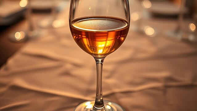 refractive. Crystal wine glass with golden liquid, backlight creating a refractive glow on textured cloth. bar promotions, beverage menus, designed for product packaging and bar promotions.