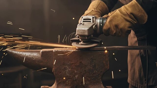 blacksmith grinding metal on anvil sparks flying