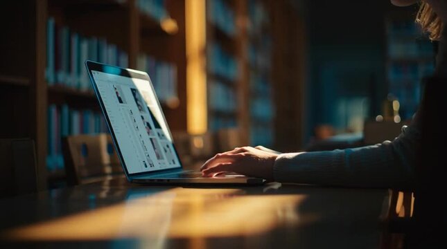 Close-up of person opening laptop in quiet library workspace