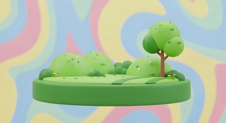Naklejka premium Green 3D cartoon landscape with tree.