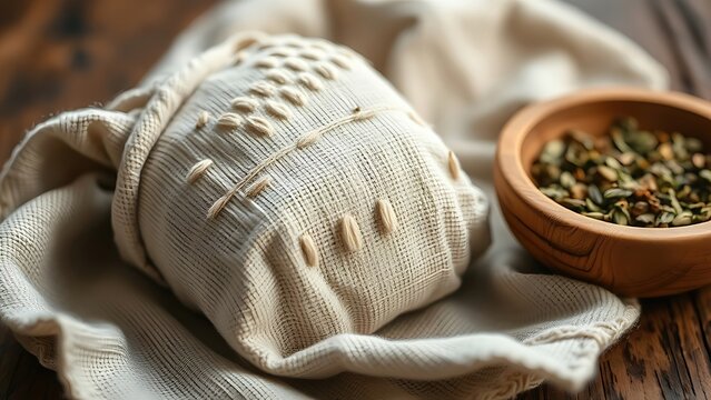 poultice. Herbal poultice wrapped in linen cloth beside a wooden bowl of dried herbs, natural remedy concept. menu design.