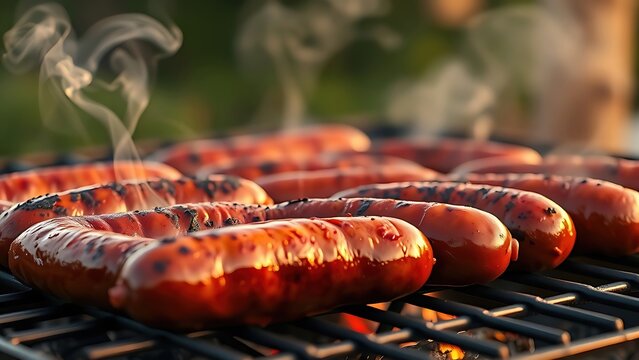 chipolata. Glossy sausages on a charcoal grill with rising smoke in warm light. menu design, packaging mockups, designed for food delivery and cloud-kitchen brand materials.