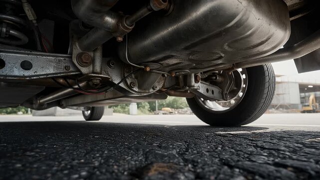 car undercarriage low-angle shot with wheel and exhaust over asphalt road