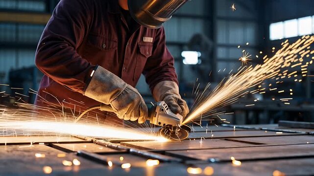 metalworker grinding sparks in workshop with angle grinder