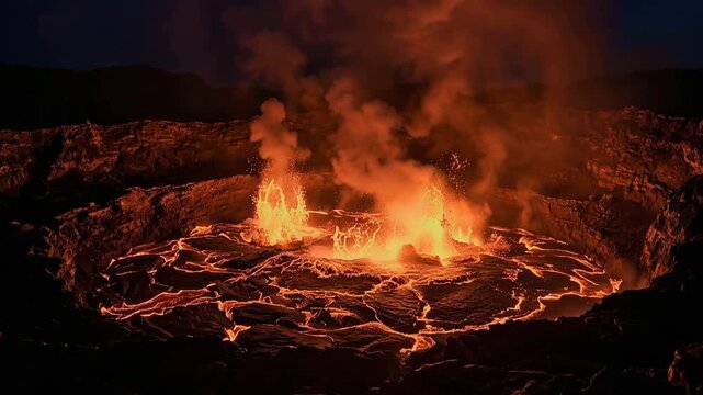 Volcanic eruption at night with lava and smoke in a crater