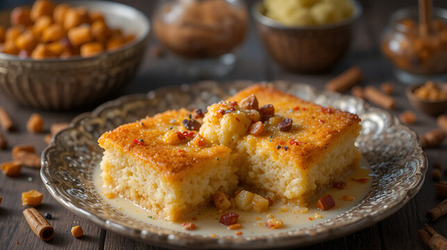 shahi tukra/tukda or Double ka meetha is a bread pudding Indian sweet of fried bread slices soaked in rabid or sweet saffron milk garnished with dry fruits, selective focus