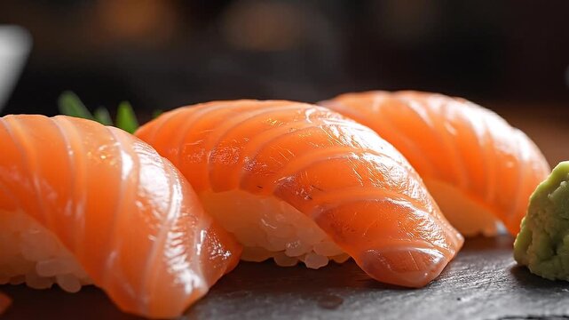 Close Up of Fresh Salmon Nigiri Sushi with Wasabi on Slate Plate