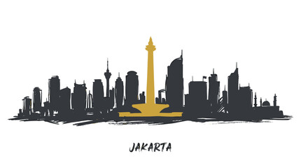 Fototapeta premium A stylized silhouette of the Jakarta skyline, featuring the iconic Monas monument in a prominent golden hue against a dark, textured backdrop.