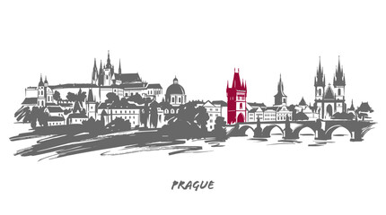 Fototapeta premium A striking black and white sketch of the Prague skyline, highlighting the iconic Charles Bridge and Prague Castle, with a single red tower drawing the eye.
