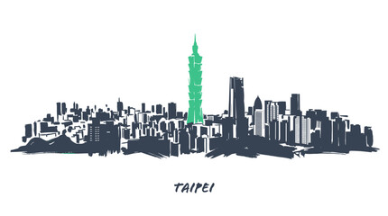 Obraz premium A stylized, monochromatic illustration of the Taipei skyline, featuring the iconic Taipei 101 skyscraper highlighted in green.