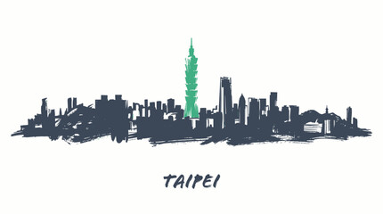 Naklejka premium A stylized, hand-drawn silhouette of the Taipei skyline, featuring the iconic Taipei 101 skyscraper highlighted in green.