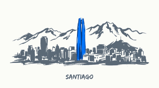 A stylized illustration of the Santiago skyline featuring the iconic Gran Torre Santiago skyscraper against a backdrop of mountains.