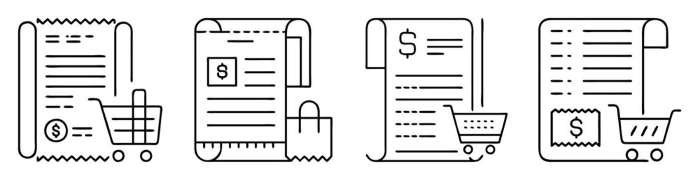 Collection of retail purchase receipt icons with shopping carts and bags