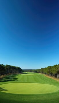 Expansive golf course fairway lined with tall pine trees under a clear blue sky. Rich green grass stretches towards distant holes and sand traps. Perfect for sports, leisure, and nature themes.