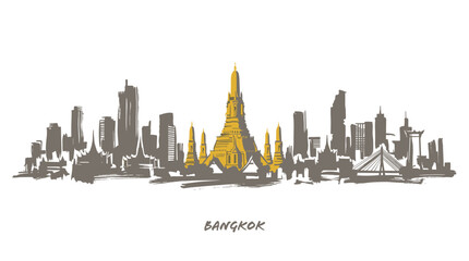 Obraz premium A striking sketch of the Bangkok skyline, featuring the iconic Wat Arun temple prominently in gold against a backdrop of grey skyscrapers.