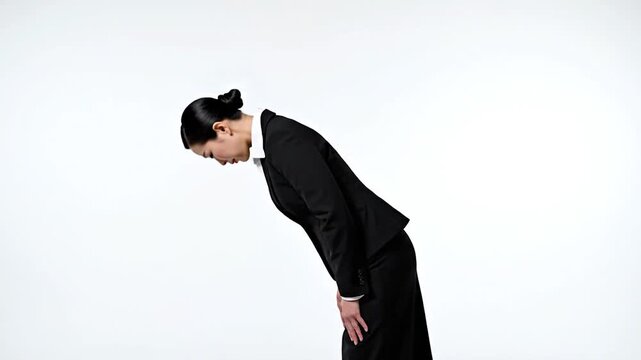 A professional person in a suit bows respectfully to show gratitude