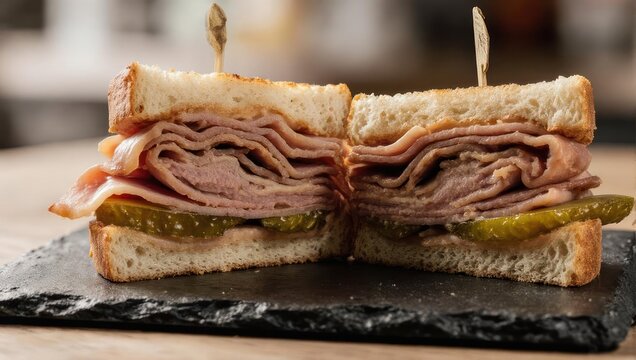 Delicious Stacked Deli Sandwich with Pickles and Meat on a Slate Plate.