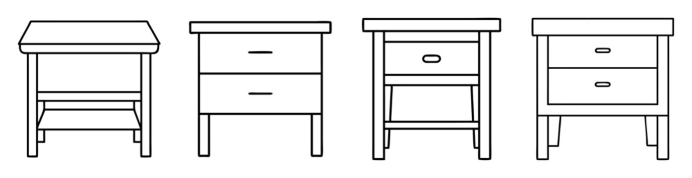 Four simple black and white line drawings of bedside tables or nightstands