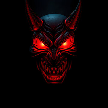 A red demon face glowing in the dark, laughing maniacally