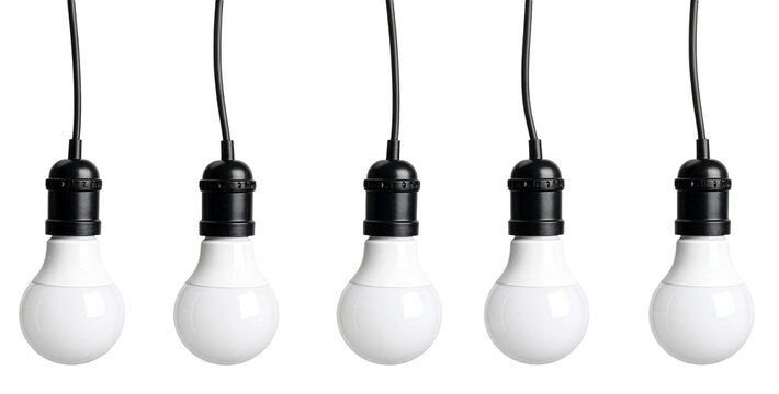 hanging white light bulb in a row isolated on white background