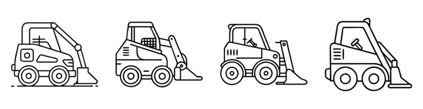 Four line art illustrations of skid steer loaders in a construction setting