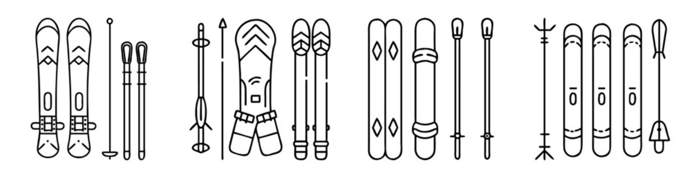 Line drawing of different types of skis, snowboard, and ski poles
