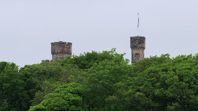 Static shot of the towers of Lews castle in Stornoway on the Isle of Lewis.