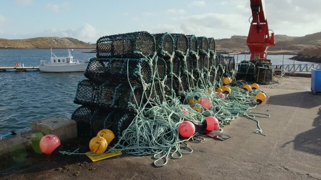 Static shot of creels stacked at Bernera pier on the Outer Hebrides.