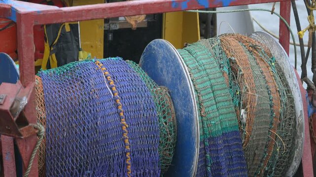 Static shot of trawler nets aboard a fishing boat on the Isle of Lewis.