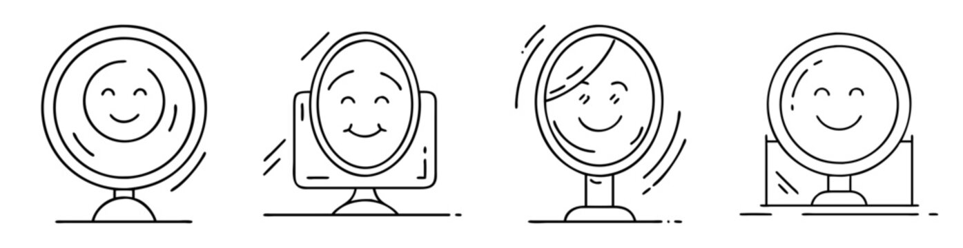 Four cartoon style illustrations of round and square mirrors with smiles