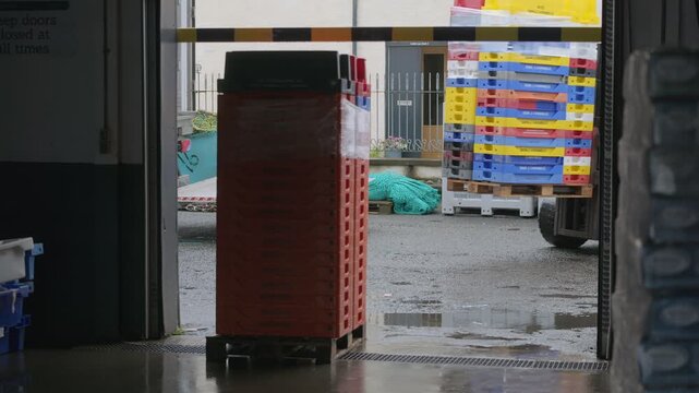 Static shot of a forklift driver moving pallets of fish into a seafood factory.