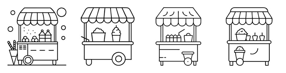 Naklejka premium Four different food stalls in line art on white background showcasing variety