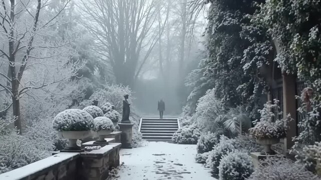 People walk on snowy path in winter landscape with trees and stairs