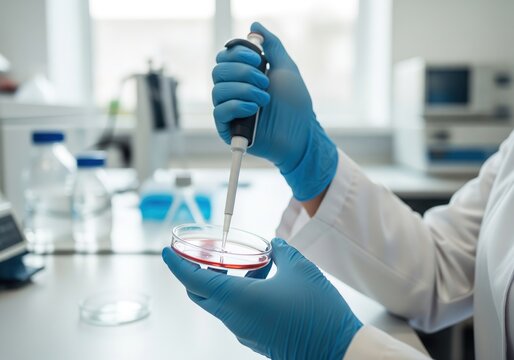 Scientist using a micropipette with a petri dish in a modern laboratory