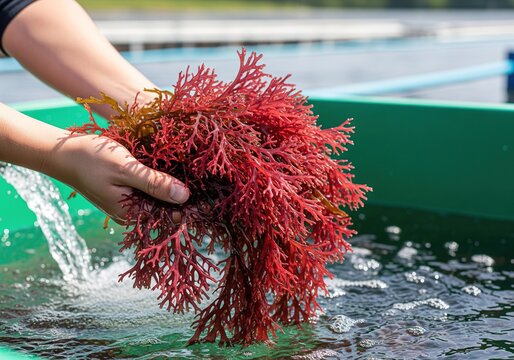 Worker holding fresh red seaweed during harvest at an aquaculture farm