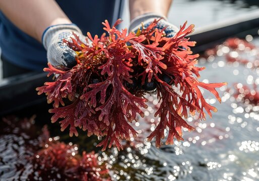 Worker Holding Fresh Red Seaweed Harvested from Sustainable Ocean Farm