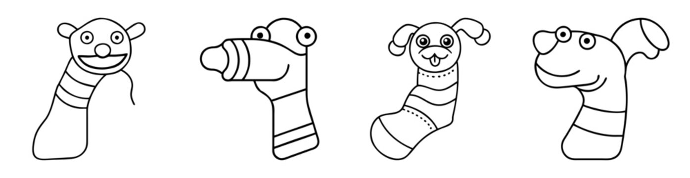 Line art image of four whimsical animal sock puppets in a row