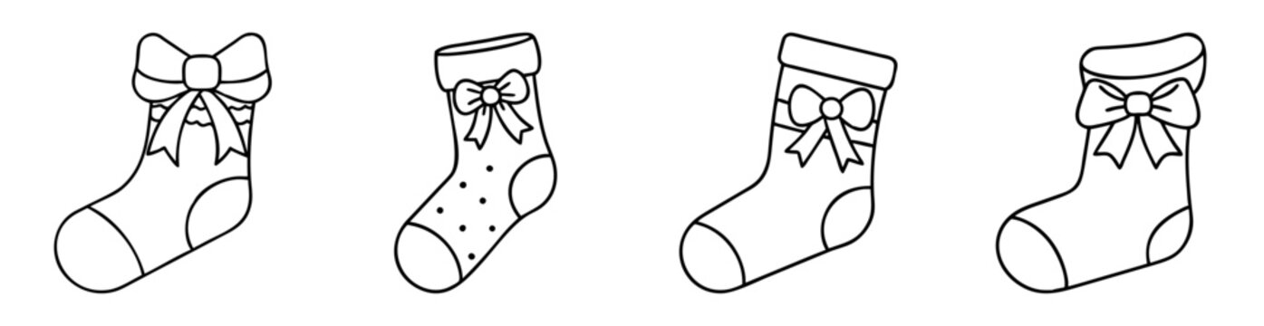 Four Christmas stockings with bows in simple black line drawing style