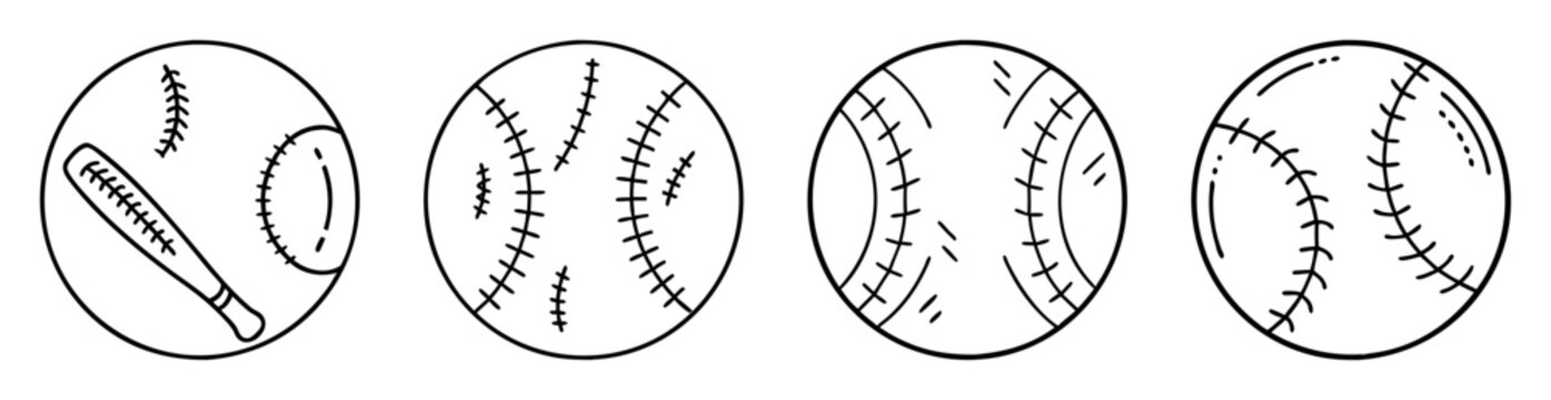 Black and white outline of four different baseballs and a baseball bat