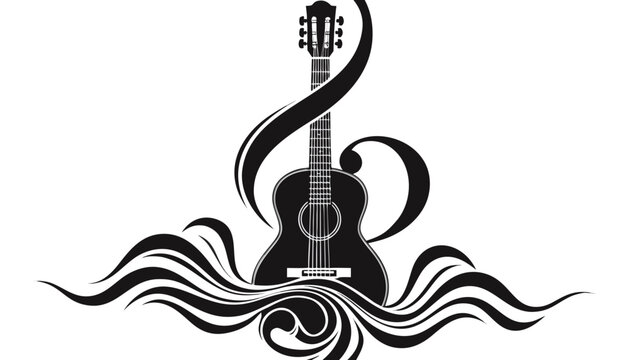 Abstract musical concept featuring a stylized classical guitar with elegant flowing lines and melody symbol