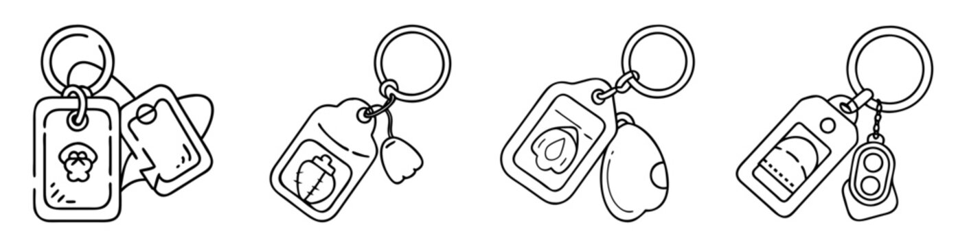 Line art illustration of four unique keychains with tags and keyrings