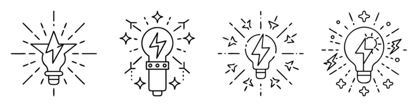 Set of electric bulbs with lightning bolt and sparkling stars surrounding them